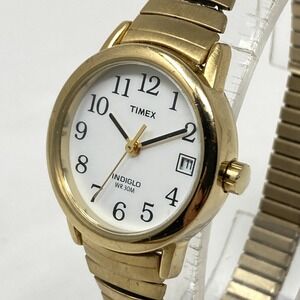 Timex Easy Reader Watch Women Gold Tone Date Indiglo Stretch Band New Battery 6"